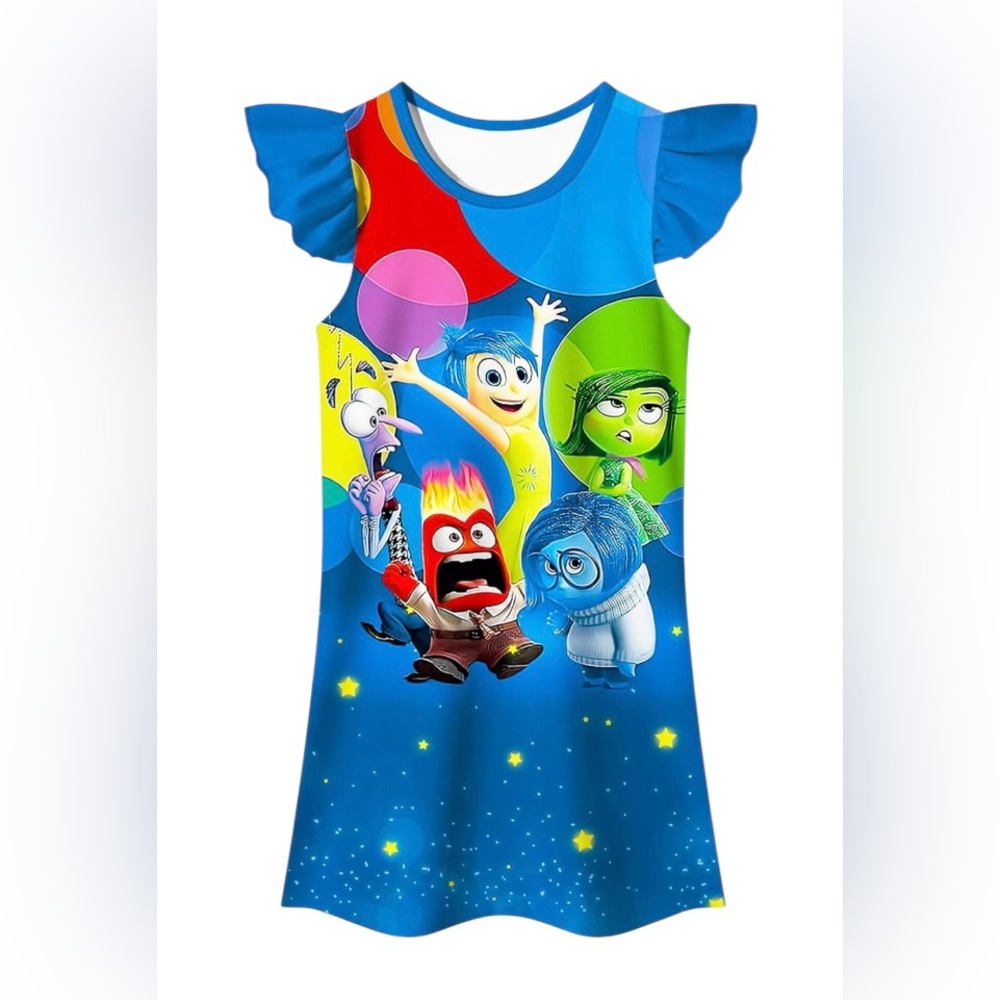 Lingqishizu girl's dress, " Inside Out" blue color with design, size 4-8 years